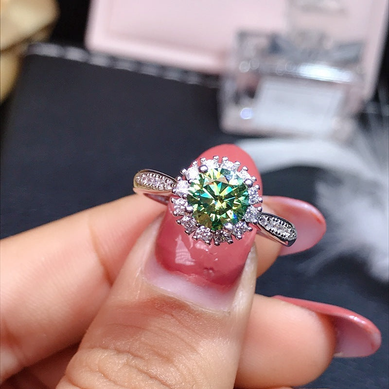 S925 Silver Green Moissanite Ring