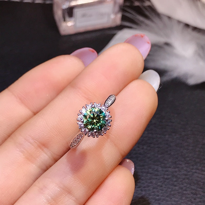 S925 Silver Green Moissanite Ring